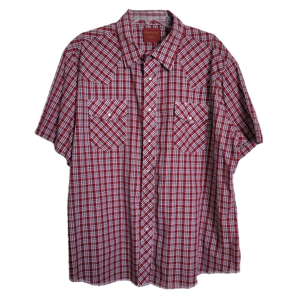 Rustler Men's Short Sleeve Western Pearl Snap Red Plaid  X-long Tails Size XXL